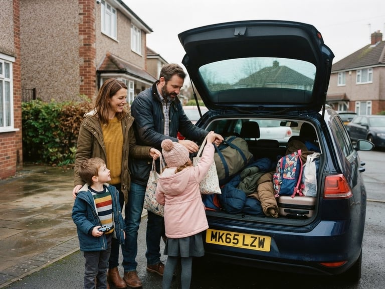 Warm candid photograph of a UK family packing a car boot, soft overcast British daylight, authentic family moments, 35mm film look.