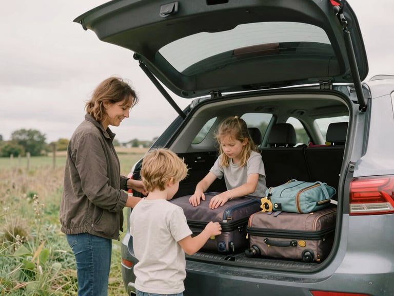 A family packing suitcases into a car boot, natural overcast British daylight, soft desaturated tones, authentic family moment, 35mm film look.
