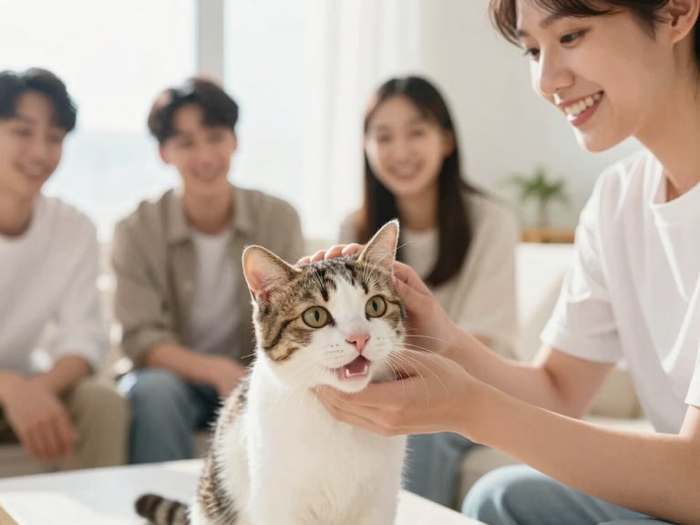 Warm high-key photography of a smiling team member petting a happy cat in a sunlit living room, shallow depth of field.