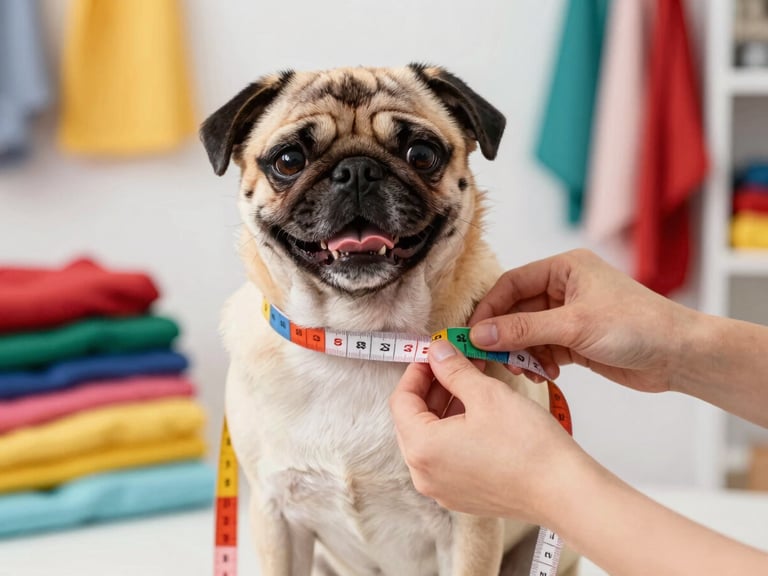 Close-up of a tailor's hands gently wrapping a colorful soft measuring tape around a happy pug's chest, bright workshop in Celaya with fabrics in the background.