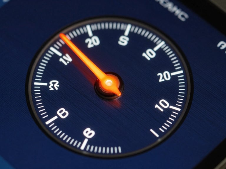 Macro screen shot of an Android app showing a circular dial meter, glowing orange needle, dark blue grid background.