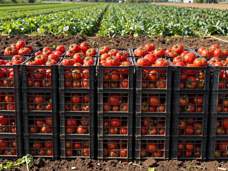 Stack of fresh, harvested produce (e.g., tomatoes, vegetables) in crates ready for transport, commercial agriculture photography, deep soil tones