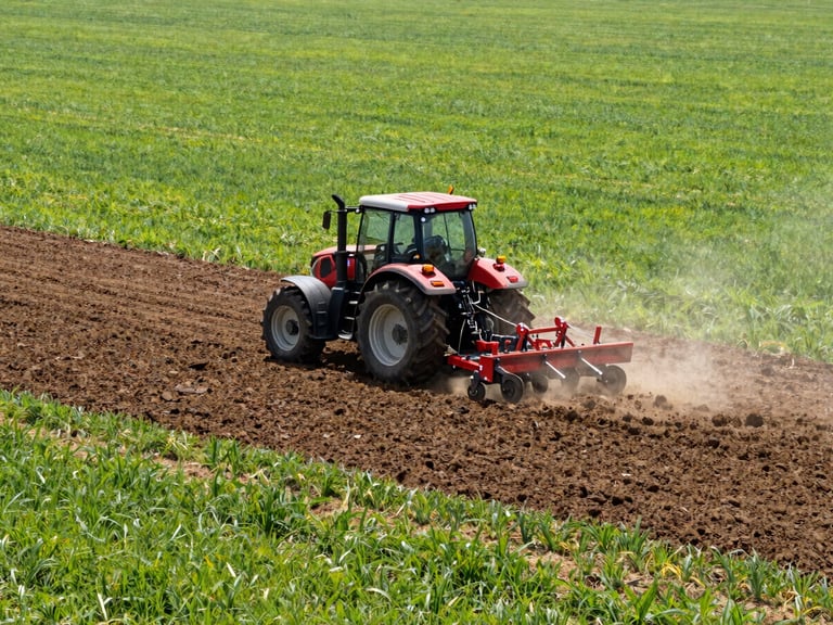 Heavy-duty tractor tilling rich soil in a vast field, dust rising under bright midday sun. Wide-angle lens, 35mm, commercial agriculture photography.