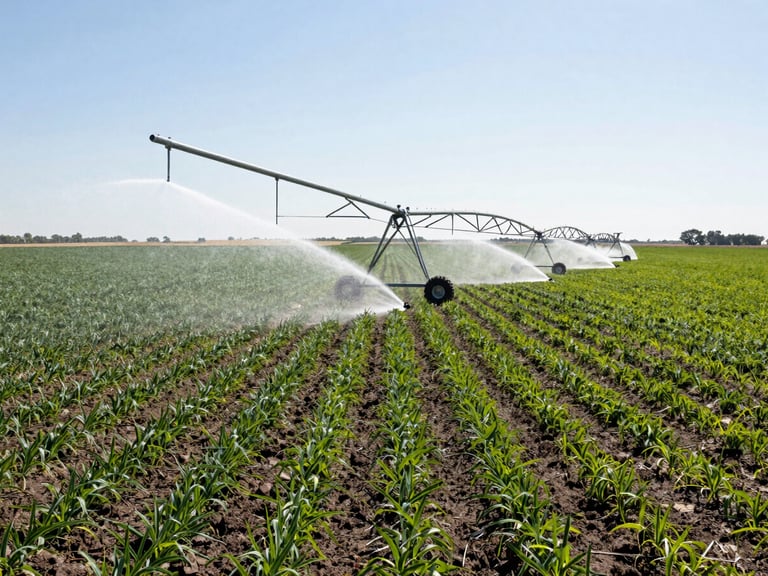 Close-up of a center-pivot irrigation system spraying water over young crops in a field, commercial agriculture photography, clear sky