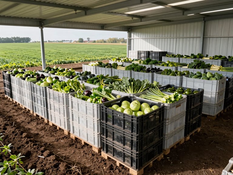 Interior of a modern, clean agricultural storage facility with crates of produce stacked neatly, commercial agriculture photography