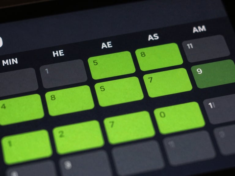 Macro shot of a dark digital calendar dashboard with neon green blocks showing booked sales meetings, high contrast, dark editorial style, 35mm