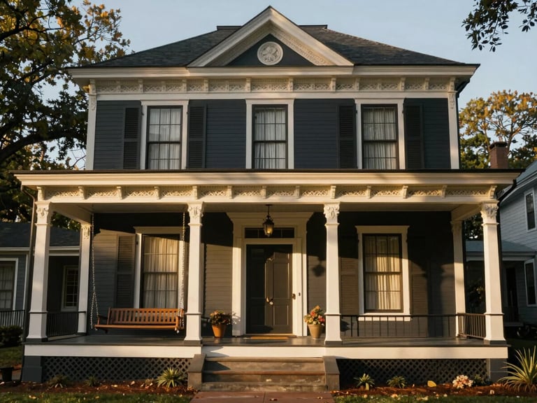 Historic Victorian home exterior in Barnesville, Georgia, wide porch with a swing, soft natural window light, elegant architectural framing, 35mm
