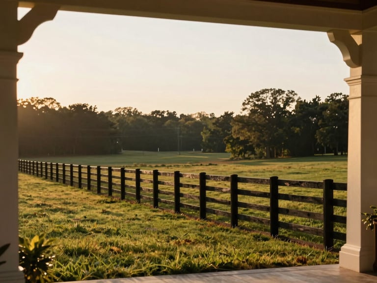 Natural golden-hour landscape of Central Georgia acreage, a rustic wooden fence running along a green pasture, soft warm sunlight, 35mm