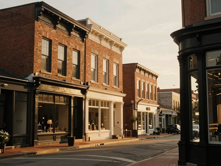 Historic downtown Griffin street view, brick facades of local shops under warm golden-hour sunlight, elegant architectural framing, 35mm