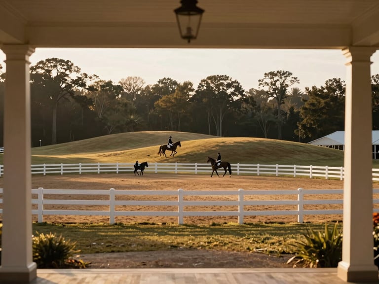 Equestrian property in Williamson, Georgia, rolling hills and white fences under soft morning light, warm editorial photography, 35mm