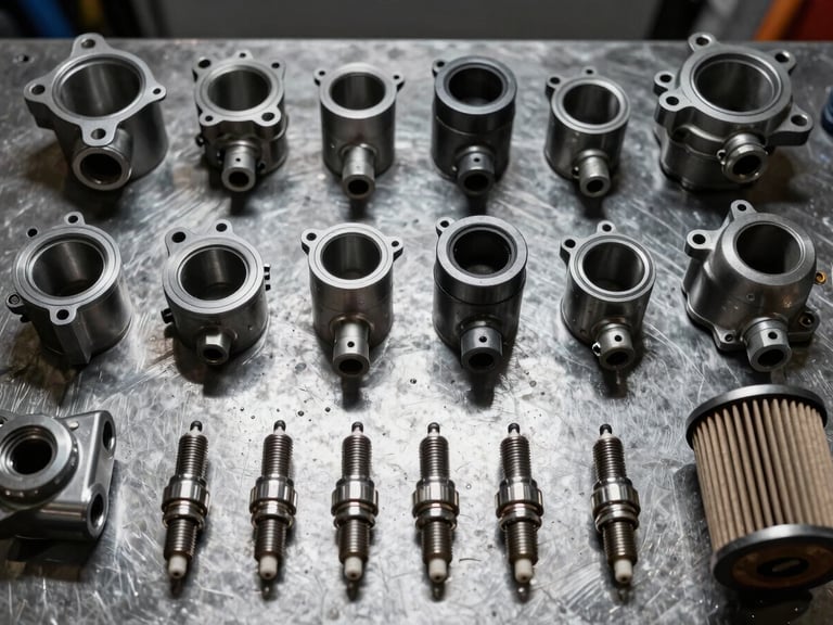 Top-down knolling of ordered motorcycle engine parts, spark plugs, and filters on a metallic workbench, harsh workshop lighting, high contrast, sharp focus