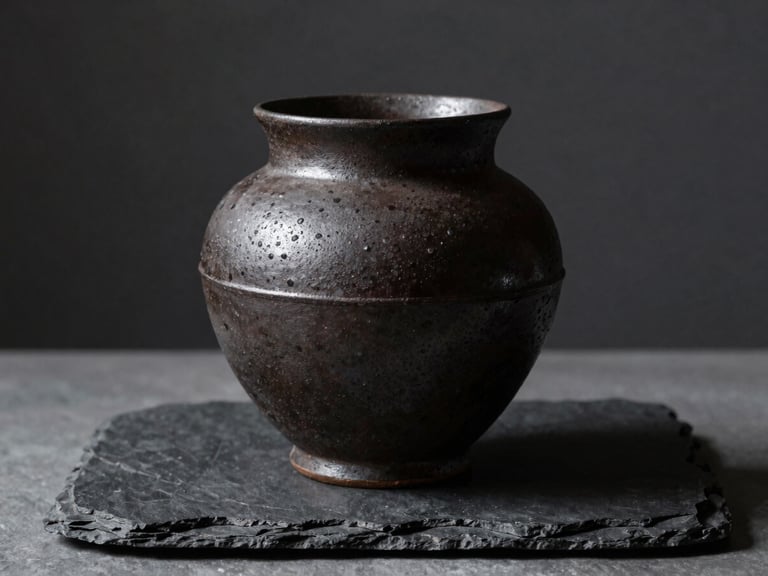 A single dark, iron-speckled ceramic vessel cast in deep shadow, dramatic chiaroscuro side-lighting, resting on a raw slate slab.