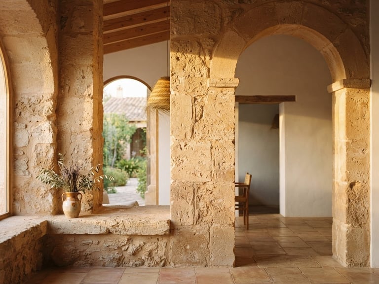 Warm editorial photography of natural stone architectural details in a Mallorcan home, soft golden hour sunlight, clean vertical lines, 35mm