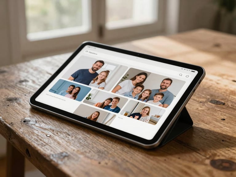 A tablet displaying a beautiful, clean family archive app resting on a rustic oak table, warm morning light streaming through a window.