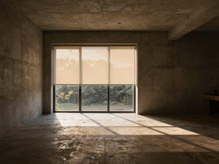 Wide architectural interior shot of a minimalist concrete living room at dusk, a single large window with a flush-fit roller blind partially drawn, casting sharp geometric shadows on the floor, warm directional sunlight, 35mm lens.