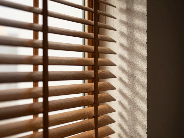 Close-up of light filtering through half-open wood Venetian blind slats, casting sharp horizontal shadow lines on a textured plaster wall.