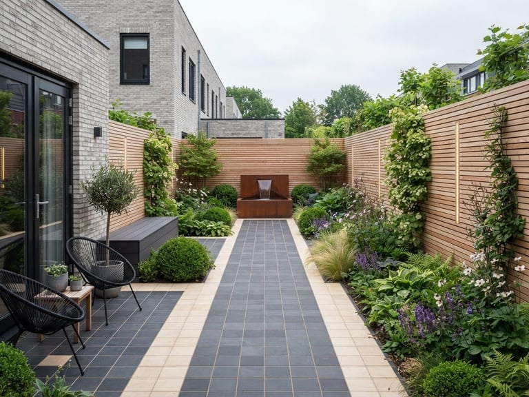 Straight-on architectural shot of a modern Dutch garden with perfectly aligned ceramic tiles and crisp wooden fences, soft overcast daylight