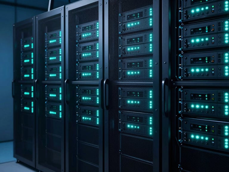 Modern server racks inside a secure data center, glowing neon teal status lights, dramatic shadows, high-contrast tech photography