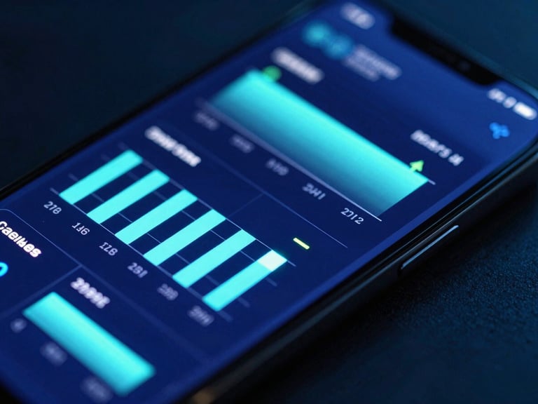 Macro shot of a smartphone displaying glowing analytics charts, vibrant neon accents, high contrast