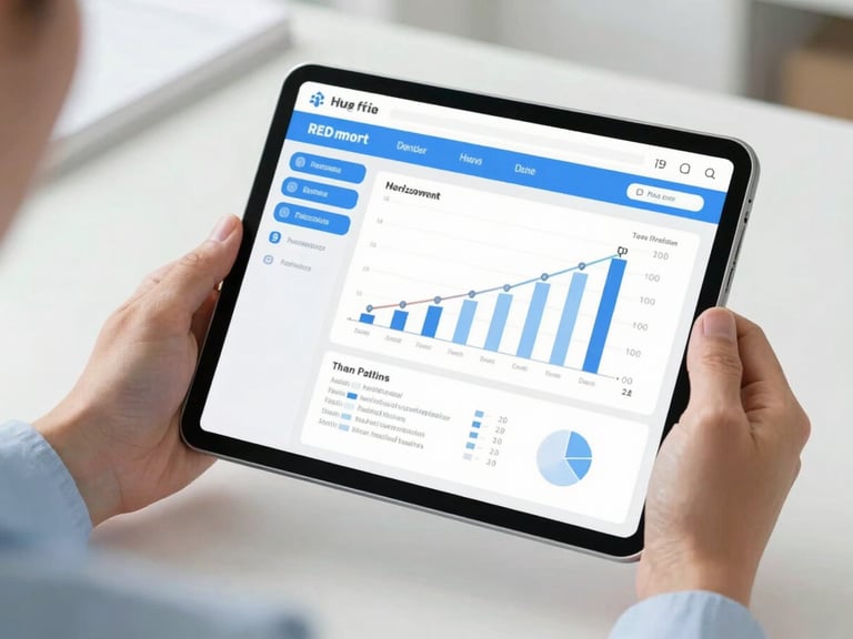 A close-up of a tablet screen showing a clean medical dashboard with developmental charts, held by caring hands in a bright office