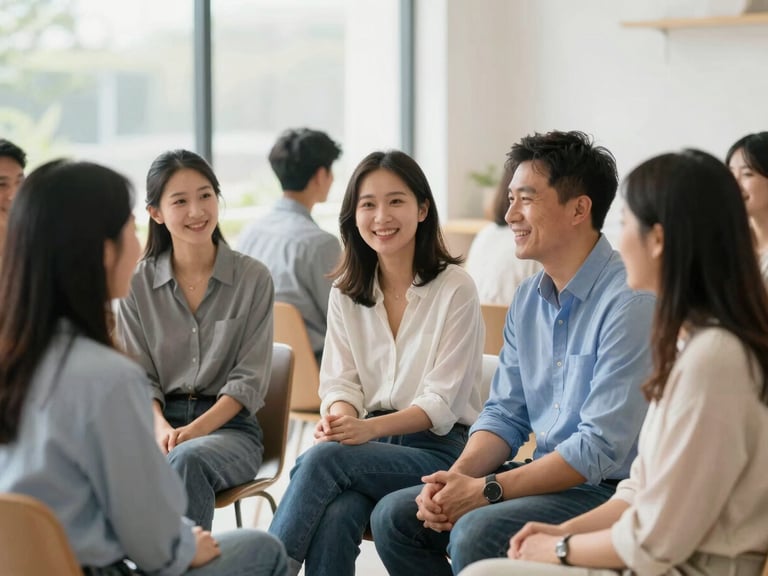 Group of warm, welcoming parents sitting together in a bright, modern community center, talking and smiling, soft daylight