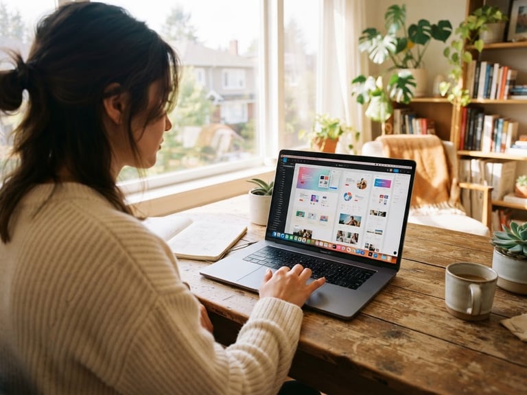 Over-the-shoulder view of a student designing a website on a laptop in a bright, sunlit room, clean modern interface visible, warm editorial style.