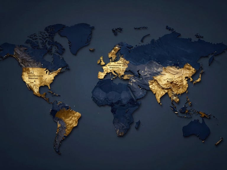An elegant, minimalist world map focused on the Middle East, Turkey, Pakistan, Azerbaijan, and Sudan, rendered in deep navy and gold tones, highlighting international healthcare mission locations.