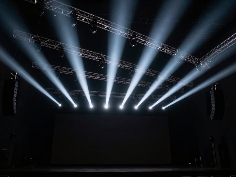 Wide dramatic angle of a modern concert hall stage, complex overhead truss with premium lighting fixtures projecting sharp white beams, high contrast, 35mm
