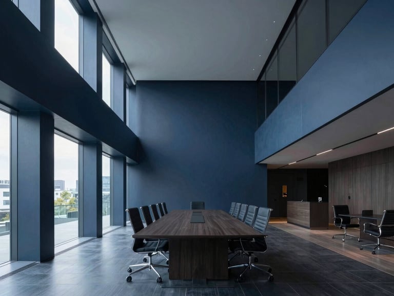 Wide symmetrical architectural angle of an empty high-end boardroom flooded with cool daylight, sharp structural geometry, deep navy and charcoal tones.