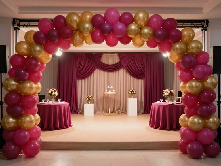 Full-stage environmental view of a complete decorated indoor event space — balloon arch, LED lighting rig, draped backdrop, styled centrepiece tables, and a sound speaker visible in the corner, all in a coordinated magenta and gold palette, warm studio strobes illuminating the entire room, wide shot from the guest entrance, no people