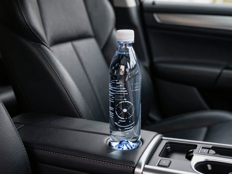 Macro shot of a pristine black leather seat inside an executive SUV, featuring a bottle of premium mineral water in the console, soft ambient cabin lighting