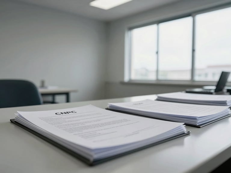 Wide environmental shot of a clean institutional office space in natural overcast daylight, a desk with organized legal documents and a CNPJ certificate folder visible, neutral gray walls, no people, shot from a low angle looking across the desk surface