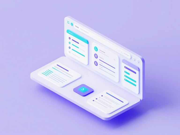 Isometric 3d render of a sleek software dashboard with lavender ambient lighting, clean UI mockups, and sharp cyan accents.