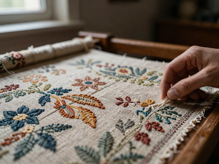 Macro detail of a hand carefully restoring a faded tapestry, rich textures of thread and fabric, soft directional light highlighting the intricate work, dark background.