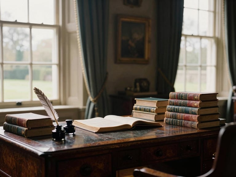 Wide shot of a quiet, sunlit study in a historic British estate, antique wooden desk with a quill and inkwell, a neatly organized stack of old books, warm editorial photography.