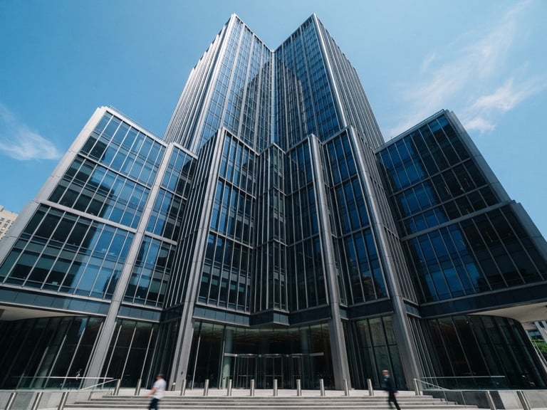 Corporate editorial photography, bright natural office daylight, clean blue and gray tones, sharp focus, 35mm lens. A modern office building facade with structured architectural details, low angle shot, clear sky, conveying institutional security.