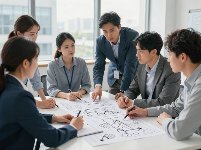 Corporate editorial photography, bright natural office daylight, medium shot of a professional team collaborating around a table with diagrams and flowcharts, structured architectural details, clean blue and gray tones, sharp focus, 35mm lens