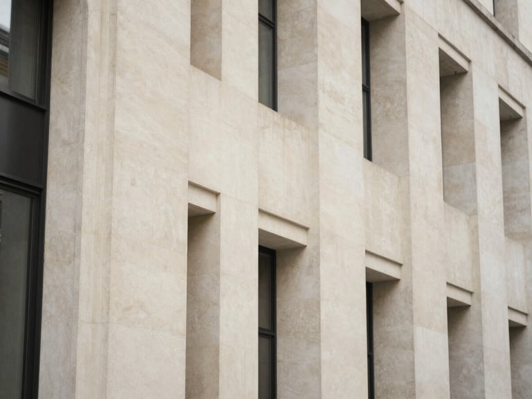 Macro architectural detail of a modern limestone facade in London, soft natural daylight, muted sophisticated tones.
