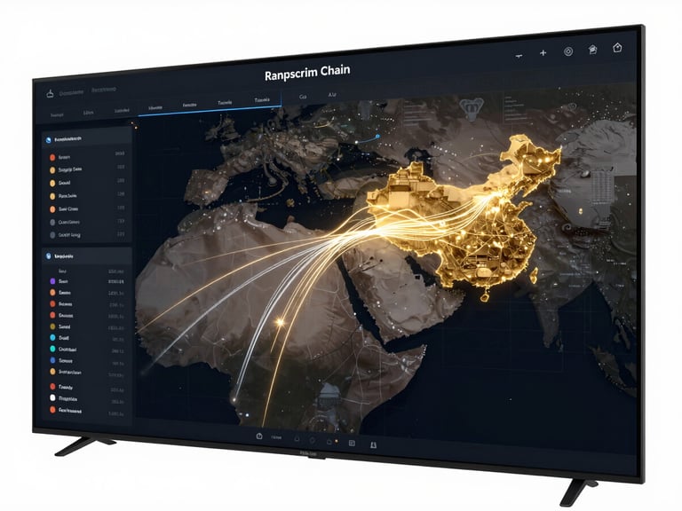Cinematic wide shot of a dark-mode digital supply chain telemetry dashboard, glowing gold and silver data lines tracing shipping routes across a stylized map of Saudi Arabia and China, high-contrast UI, clean corporate aesthetic.