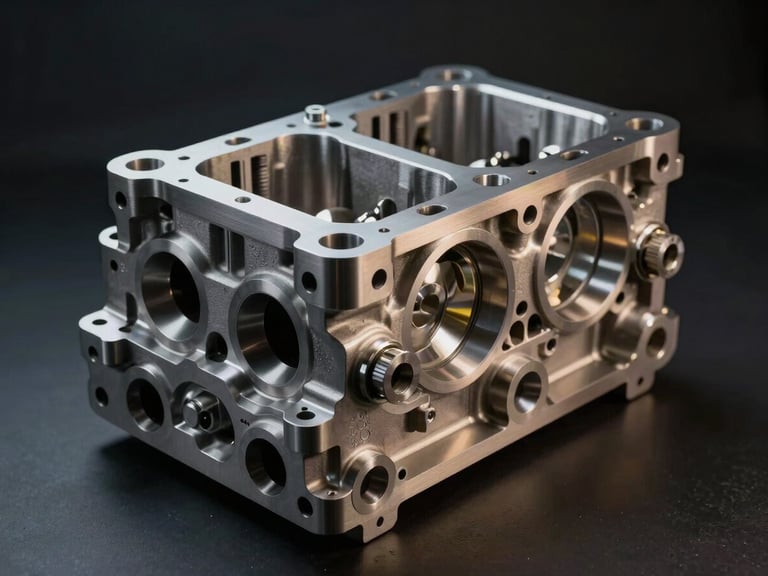 Macro studio shot of a high-end machined titanium engine block, dramatic low-key lighting with cold silver key lights and subtle gold rim highlights.