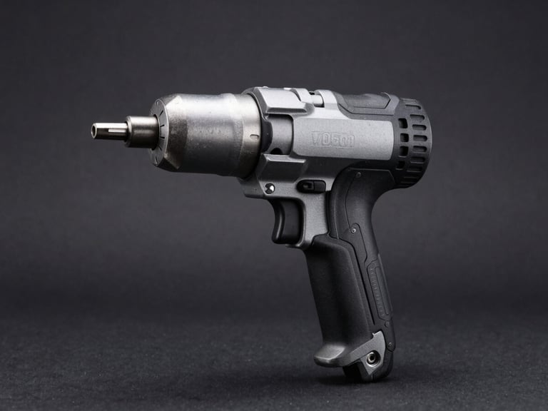 Straight-on profile of a heavy-duty pneumatic impact wrench, sharp directional studio lighting on metallic housing, deep charcoal background, 50mm.