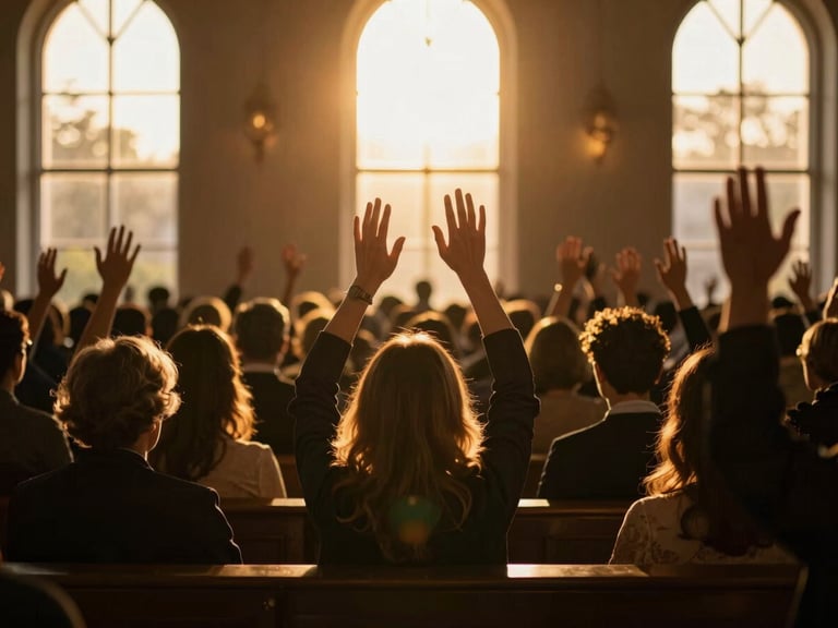 Dramatic high-contrast environmental shot of a congregation with raised hands bathed in warm golden-hour sunbeams breaking through sanctuary windows.