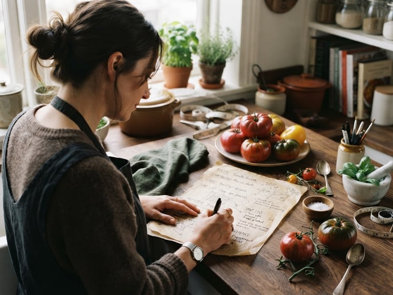 Candid over-the-shoulder shot of a creator planning social media content on rustic parchment paper, surrounded by fresh heirloom tomatoes and kitchen tools, soft natural light.