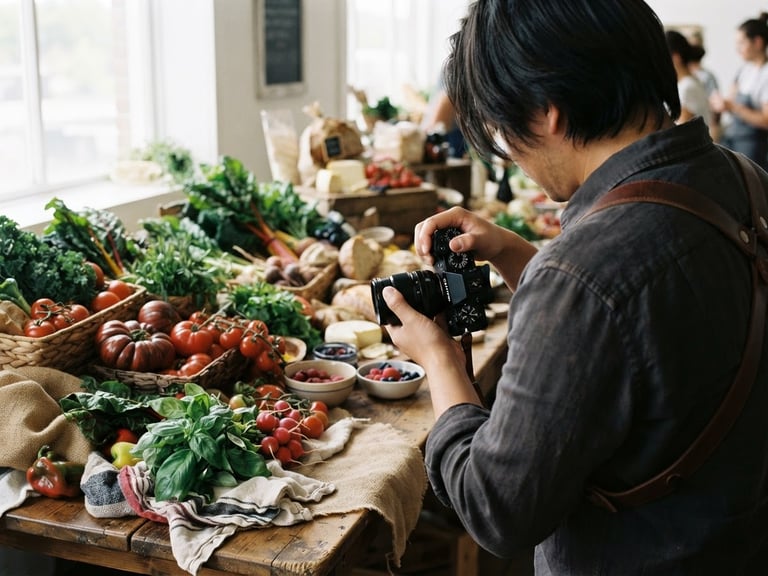 Candid over-the-shoulder shot of a photographer adjusting a camera lens over a rustic wooden table filled with fresh artisanal market ingredients, soft natural window light, deep green and crimson tones, 35mm film.