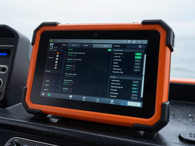 Close-up of a ruggedized Android tablet mounted in a high-glare tugboat cockpit, displaying a high-contrast technical data interface