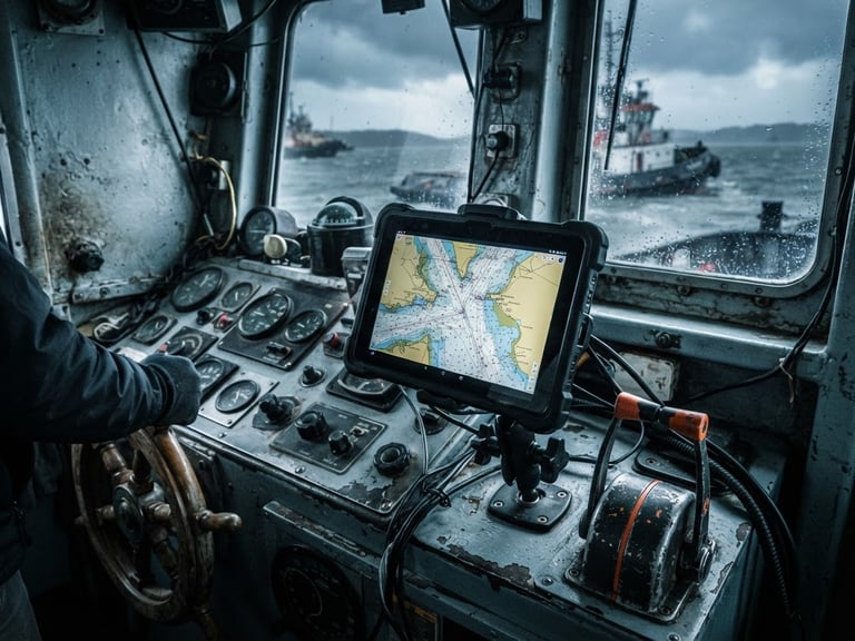 A ruggedized Android tablet mounted in a tugboat cockpit, dramatic overcast maritime daylight, high-contrast cool tones, sharp focus, 35mm lens