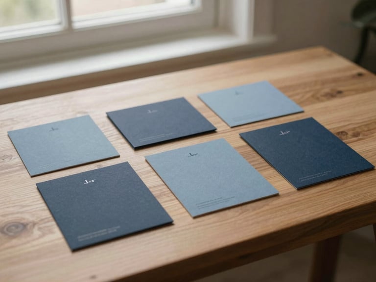 Finished brand identity collateral on a wooden table, soft window light, warm editorial photography, 35mm