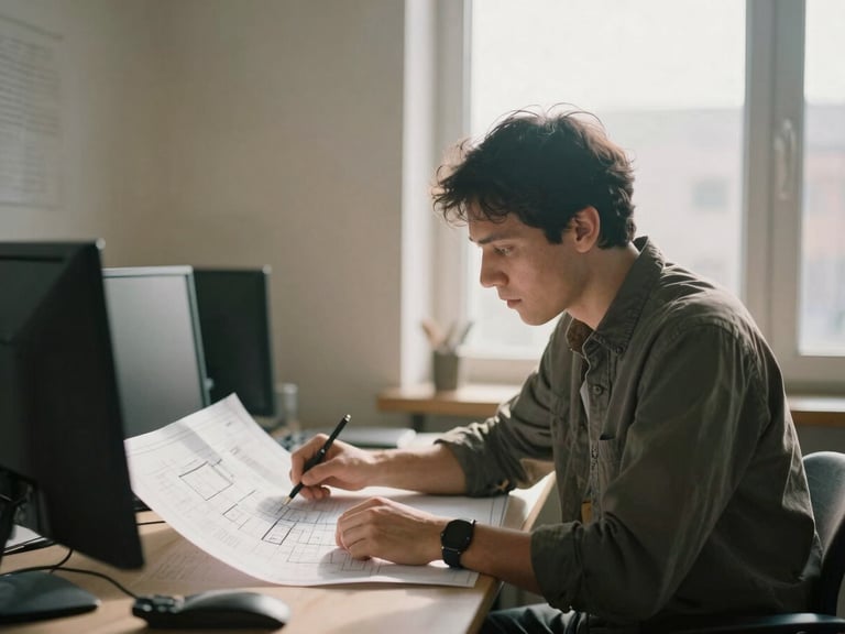 A focused community organizer reviewing architectural blueprints with a colleague in a sunlit, quiet office, warm morning window light, muted earth tones, 35mm film.