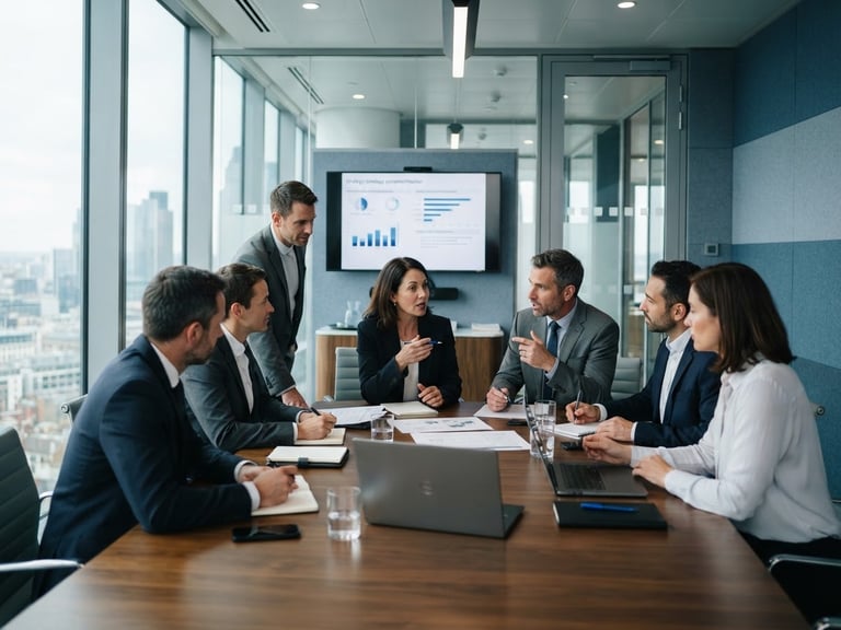 Medium-wide environmental shot of a modern corporate boardroom with executives in a collaborative strategy session, bright daylight, cool blue accents, shallow depth of field, 35mm.