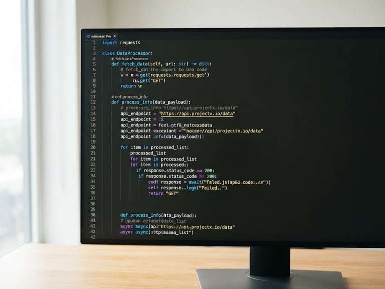 Straight-on macro shot of a clean code editor on a modern monitor, electric blue syntax highlighting, soft daylight illuminating a minimalist wooden desk, professional tech aesthetic.